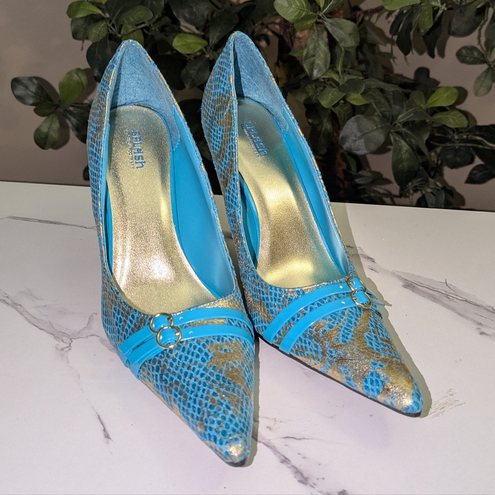 Splash Turquoise Snake-Print Pointed Stiletto Heels with Gold Accents